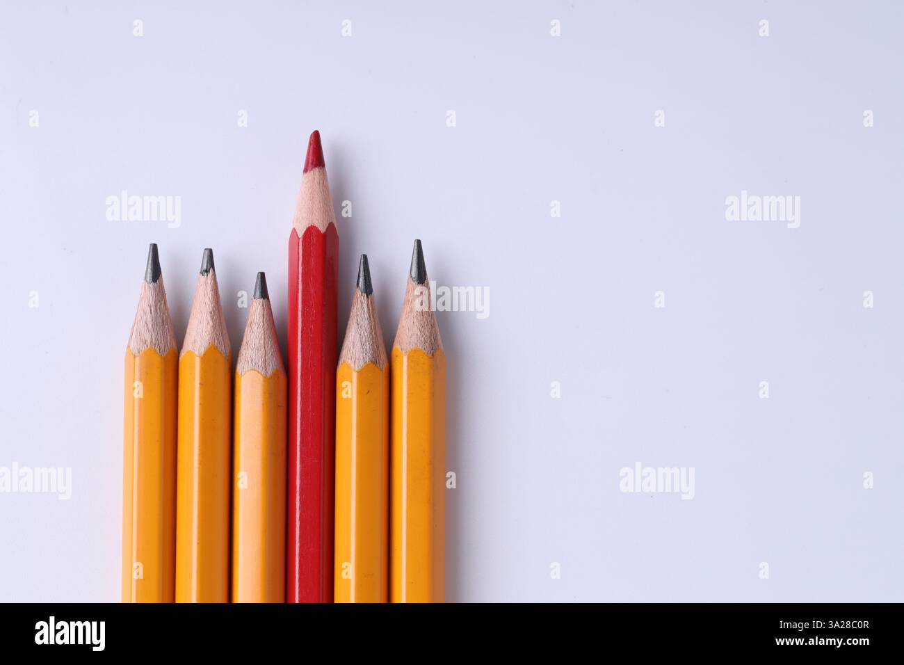 Ein roter Bleistift unter Graphit auf hellgrauem Hintergrund, Draufsicht. Leerzeichen für Text Stockfoto