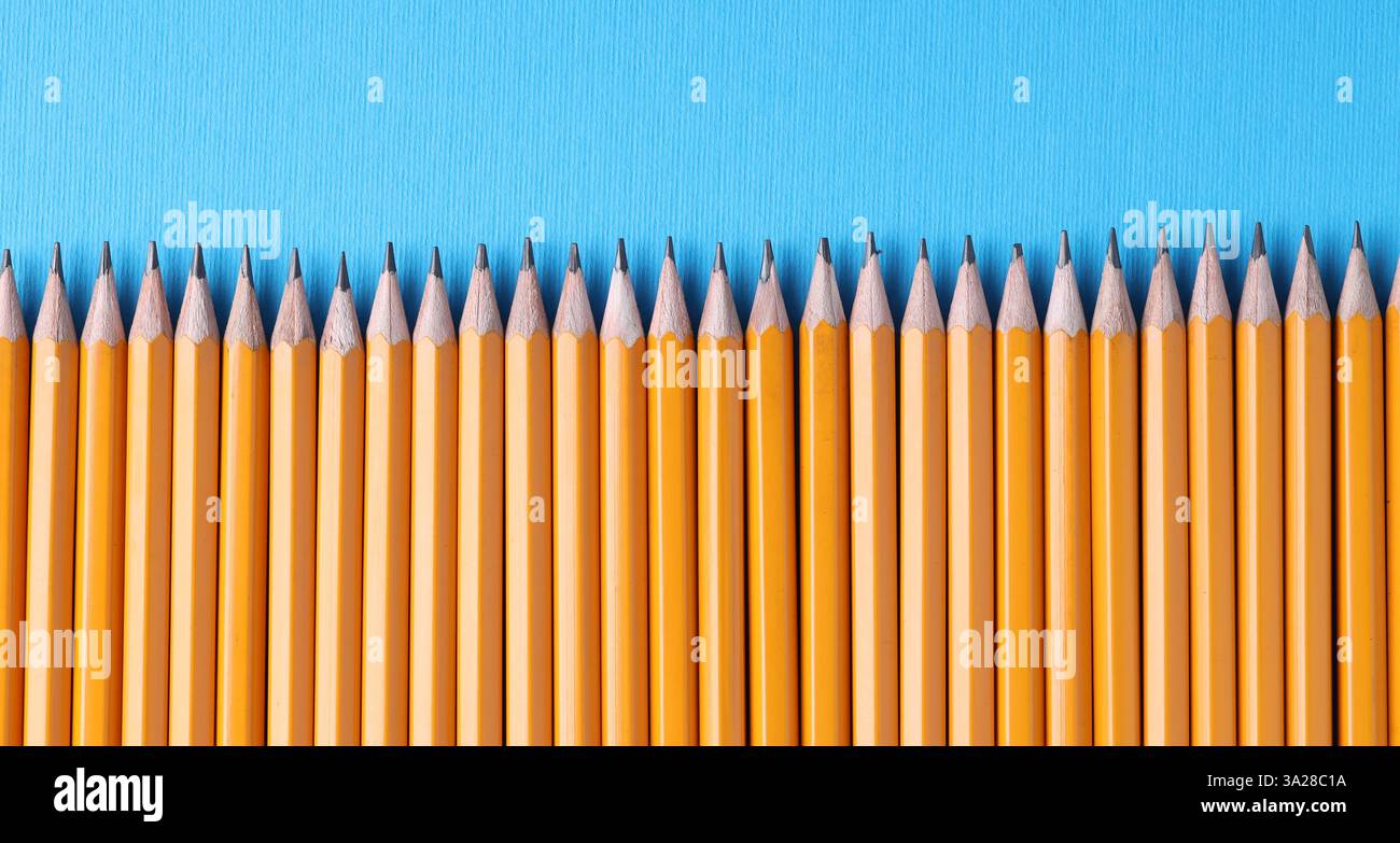Viele Bleistifte auf hellblauem Hintergrund, Draufsicht. Leerzeichen für Text Stockfoto