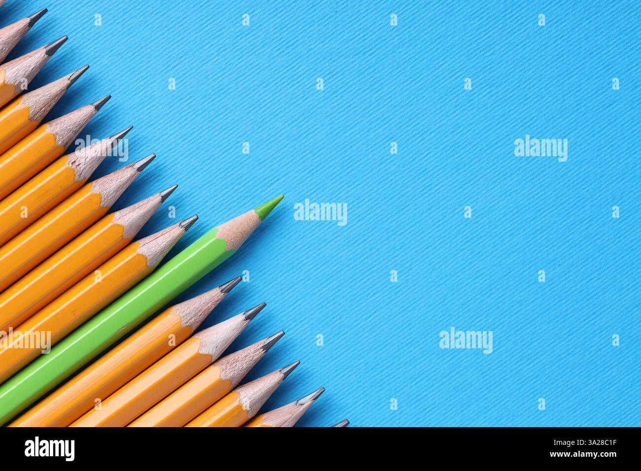 Ein grüner Bleistift unter Graphit auf hellblauem Hintergrund, Draufsicht. Leerzeichen für Text Stockfoto