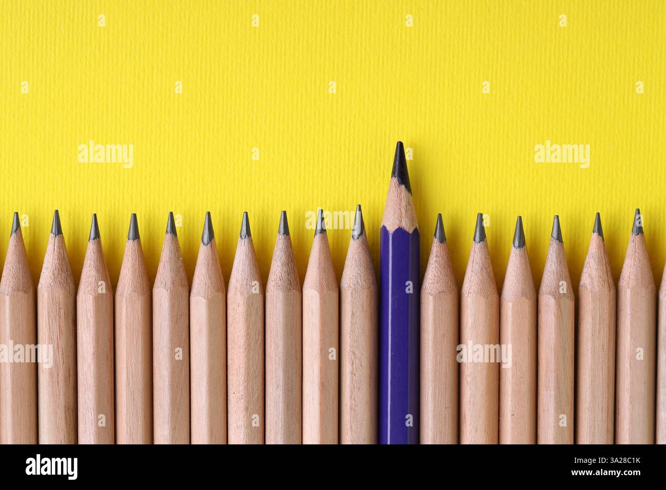 Ein blauer Bleistift unter den Graphitstiften auf gelbem Hintergrund, Draufsicht. Leerzeichen für Text Stockfoto