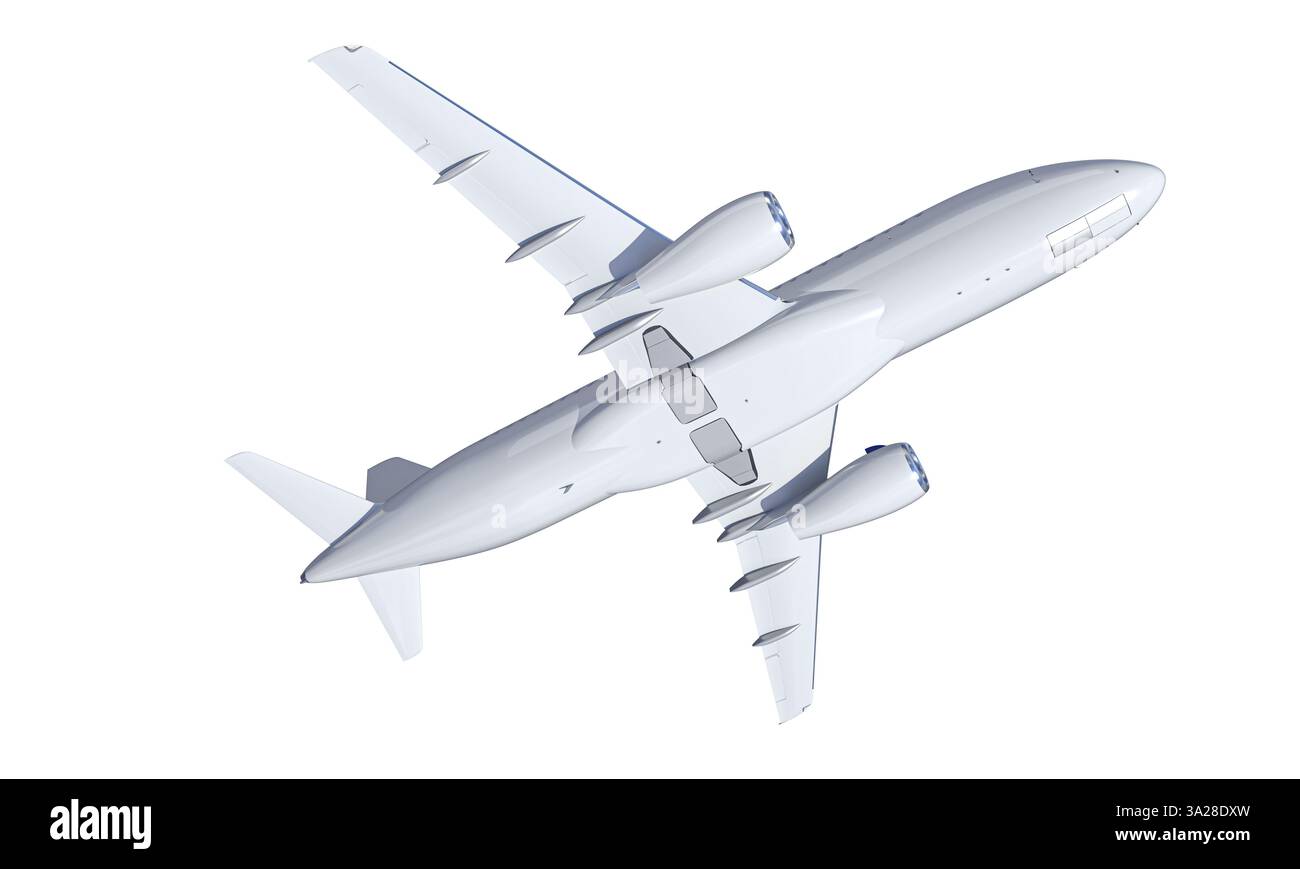 Weißes unmarkiertes Flugzeug, das auf transparentem Hintergrund fliegt 3d Stockfoto