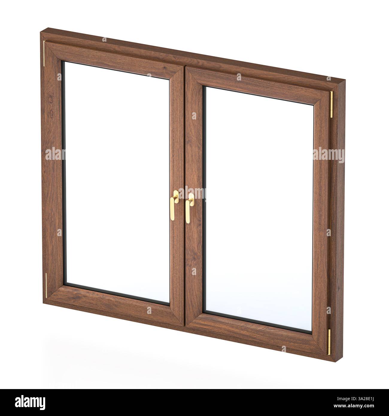 Doppelter Fensterrahmen mit goldenen Griffen auf transparentem Hintergrund 3D Stockfoto