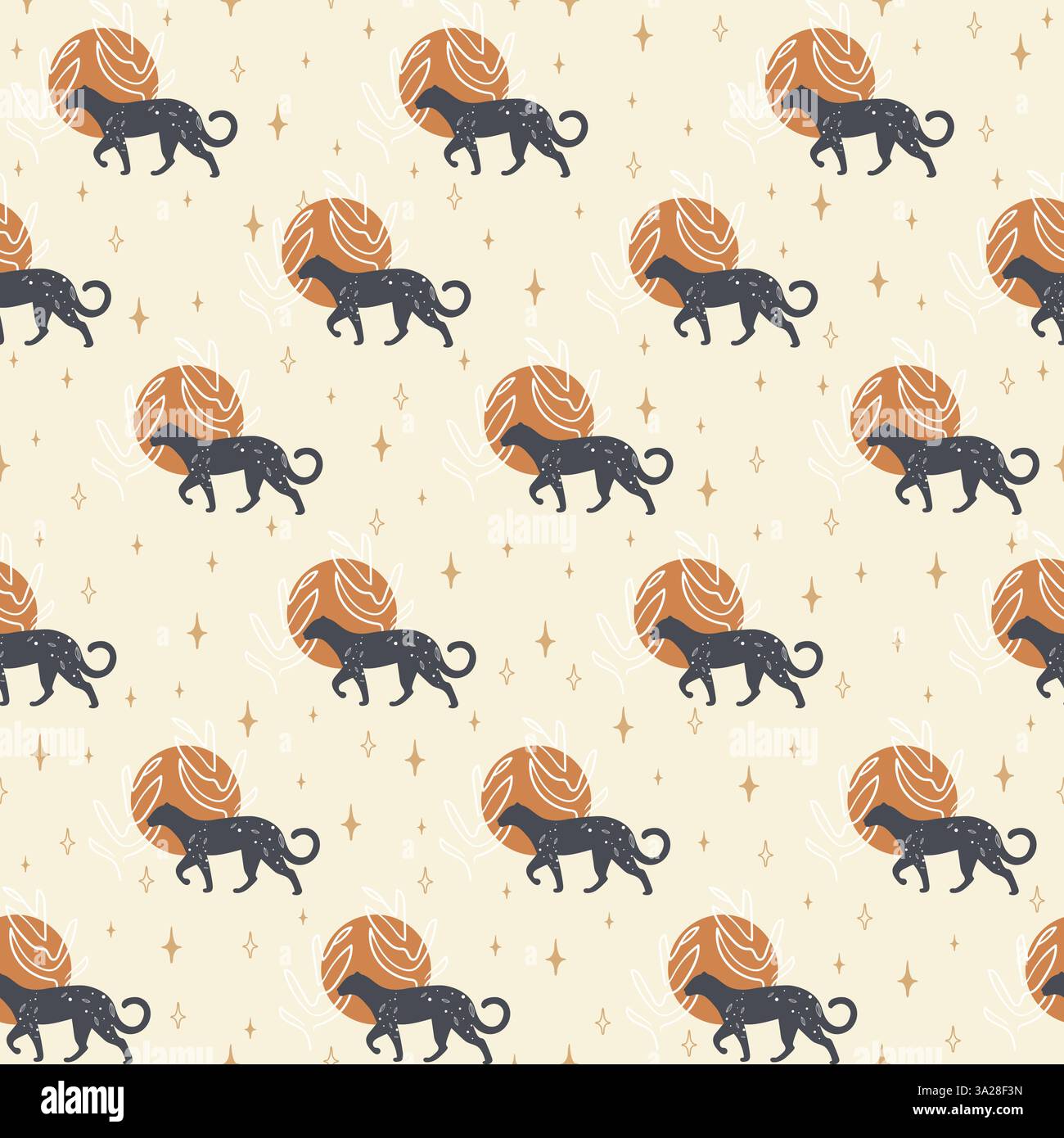 Nahtloses Muster im schwarzen Leopardenvektor im Cartoon-Stil. Niedliche wilde Katze Illustration. Vektor beige Zeichentrickillustration. Zum Einpacken von Papier, Stoffdruck, Stock Vektor
