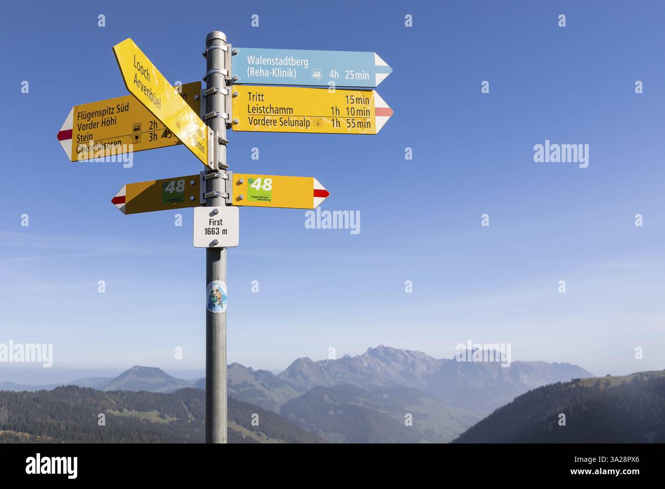 Wegweiser auf dem ersten (1663m) mit Wanderwegen verschiedener Kategorien, Wanderweg, Bergwanderweg und alpiner Wanderweg, hier nach Leistcham Stockfoto