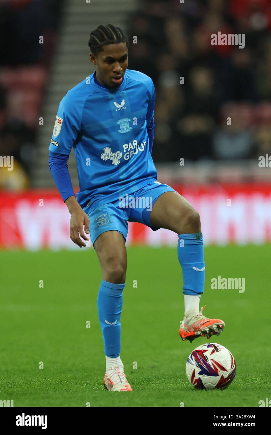 Jayden Meghoma von Preston North End während des Sky Bet Championship-Spiels zwischen Sunderland und Preston North End im Stadium of Light, Sunderland am Dienstag, den 11. März 2025. (Foto: Mark Fletcher | MI News) Credit: MI News & Sport /Alamy Live News Stockfoto