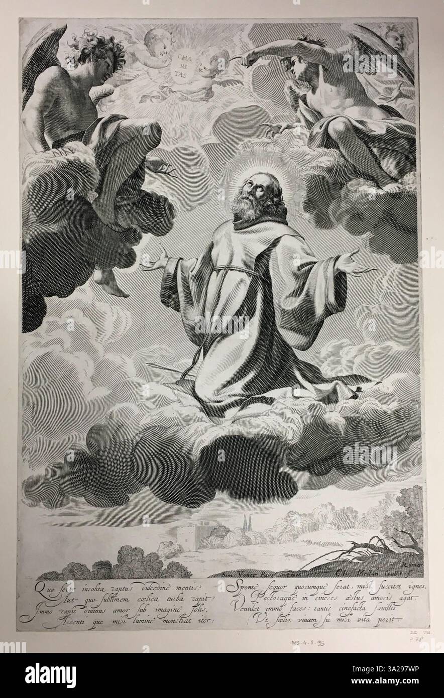 Dieses Kunstwerk von Claude Mellan zeigt den hl. Franz von Paola in Ekstase, kniend auf Wolken mit Engeln, die über ihm schweben, und symbolisiert seine spirituelle Entrückung und göttliche Verbindung. Stockfoto