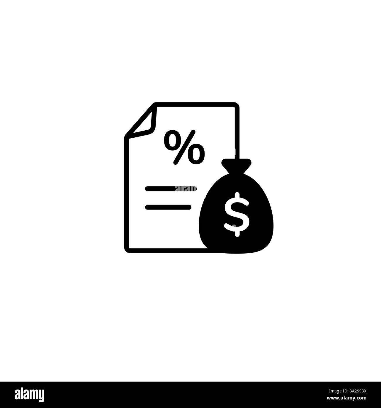 Schwarzes Finanzsymbol mit Geldbeutel und Darlehensdokument mit Prozentsymbol Stock Vektor