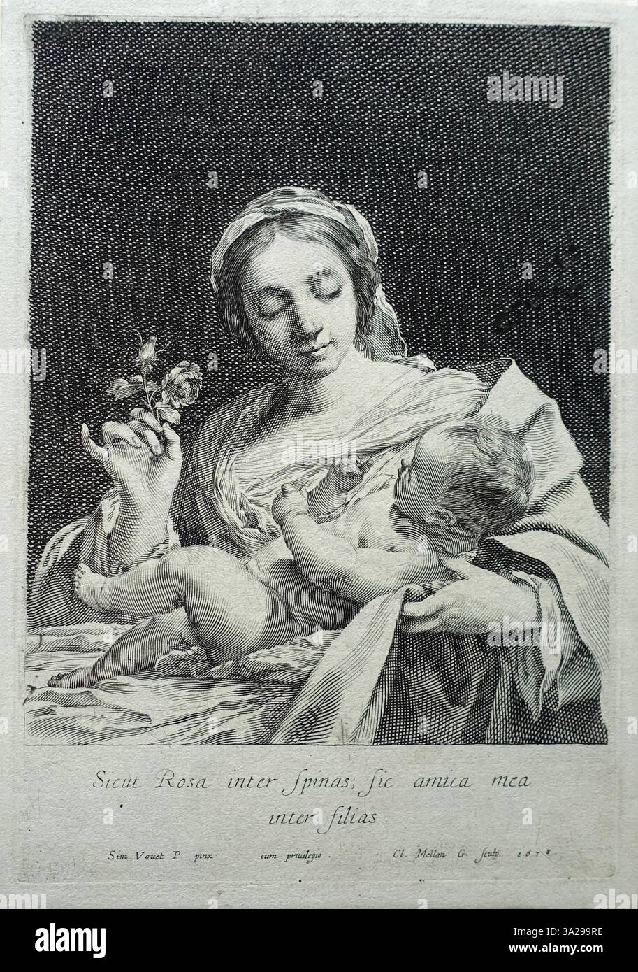 Dieses Kunstwerk von Claude Mellan zeigt die Jungfrau Maria, die das Christuskind in ihrem linken Arm hält, mit einer Rose in der rechten Hand, die Reinheit und göttliche Mutterschaft symbolisiert. Stockfoto