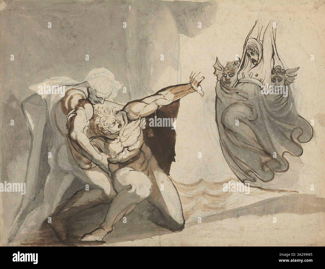 Dieses Gemälde von Henry Fuseli, „die Vision von Orestes“, zeigt die mythische Figur Orestes, die nach dem Mord an seiner Mutter von Visionen gequält wurde. Das Werk beschäftigt sich mit Themen wie Schuld, Bestrafung und griechischer Mythologie. Stockfoto