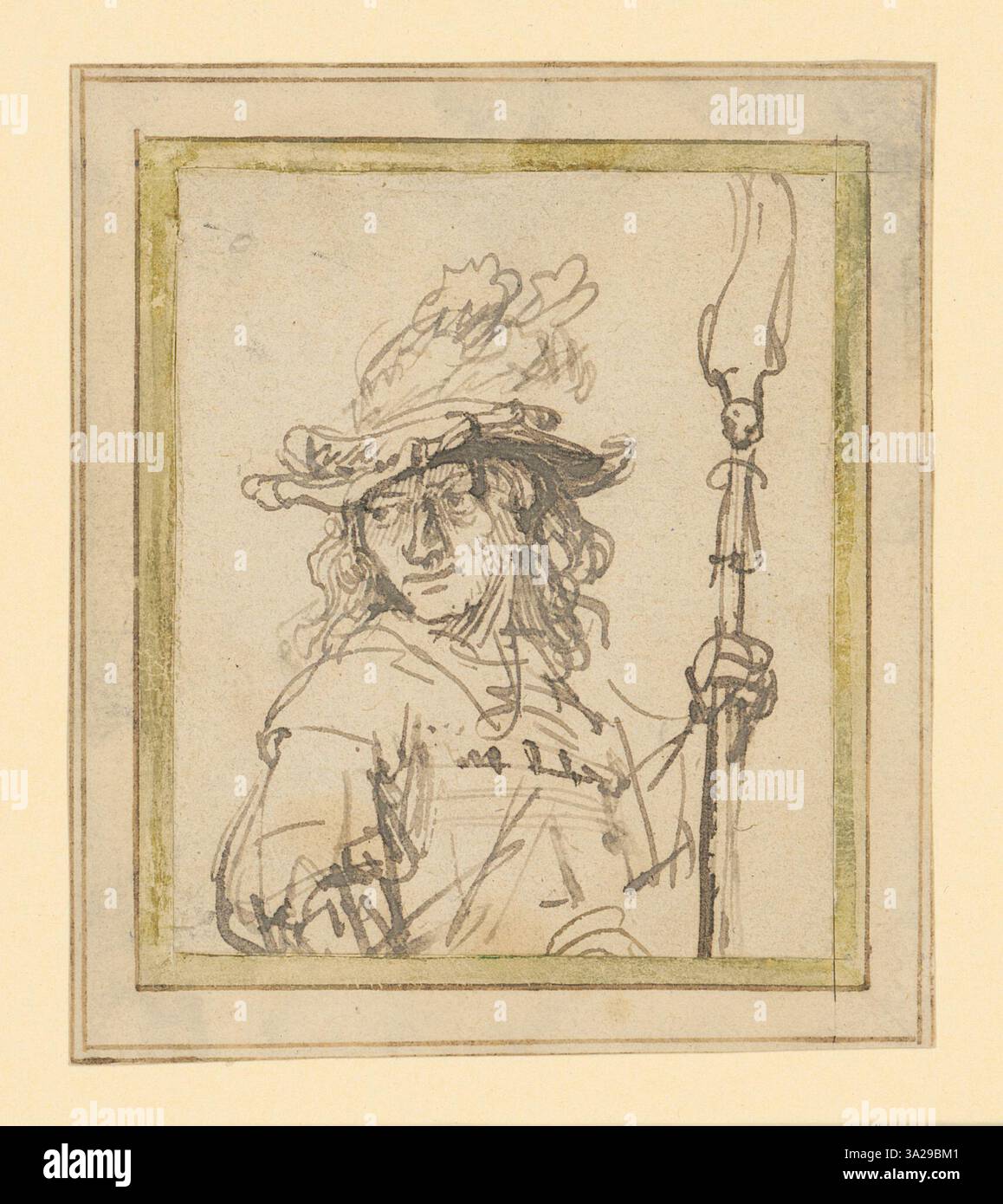 Diese Studie von Rembrandt zeigt einen Mann mit gefiedertem Hut und Hellebard und bietet eine detaillierte Darstellung der Kleidung und des Ausdrucks des Probanden. Die feine Verwendung von Tinte und Licht unterstreicht die Feinheiten der Merkmale des Motivs. Stockfoto