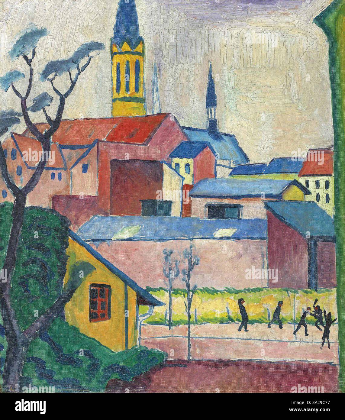 Marienkirche von August Macke zeigt eine Kirchenszene mit kräftigen Farben und klaren Linien, die sich auf die architektonischen Elemente konzentriert. Das Gemälde fängt die Struktur und Stimmung des sakralen Raumes in abstrakten Formen ein. Stockfoto
