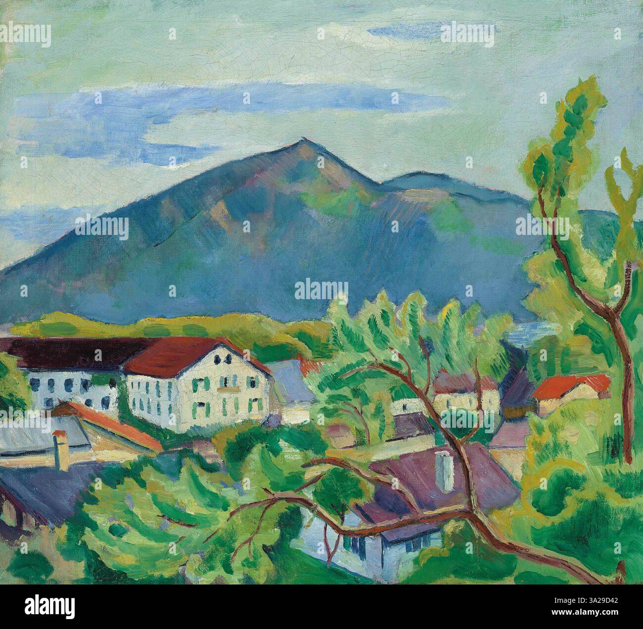 Frühlingslandschaft in Tegernsee von August Macke fängt die lebendige Frühlingslandschaft des Tegernsees ein. Die Landschaft ist in Mackes charakteristischen lebhaften Farben dargestellt, die die Frische und Energie der Saison vermitteln. Stockfoto