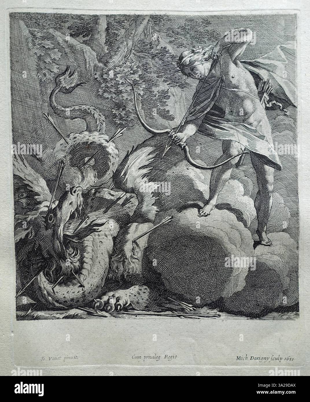 Apollo ist oben rechts zu sehen und zielt mit einem Pfeil auf die Schlange Python, eine mächtige Szene aus der griechischen Mythologie, die den Sieg über Chaos und Böse symbolisiert. Stockfoto