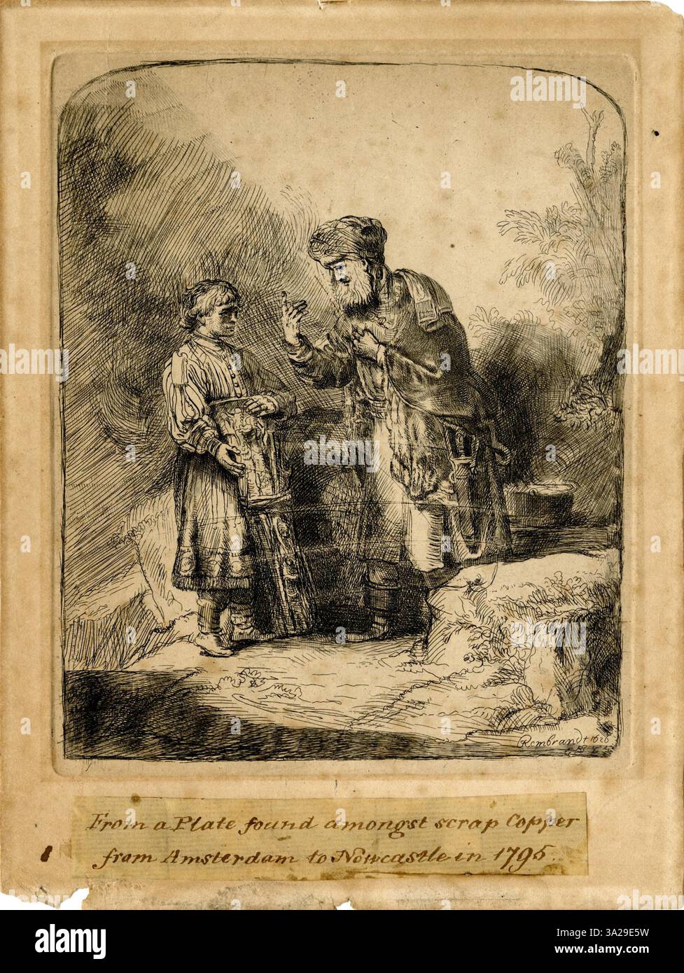 Eine After Rembrandt-Ätzung aus dem Jahr 1936, die den fachkundigen Umgang des Künstlers mit Licht, Textur und Kontrast zeigt. Die feinen Details der Figur und ihrer Umgebung spiegeln Rembrandts Fähigkeit wider, seinen Kompositionen Leben einzuhauchen. Stockfoto