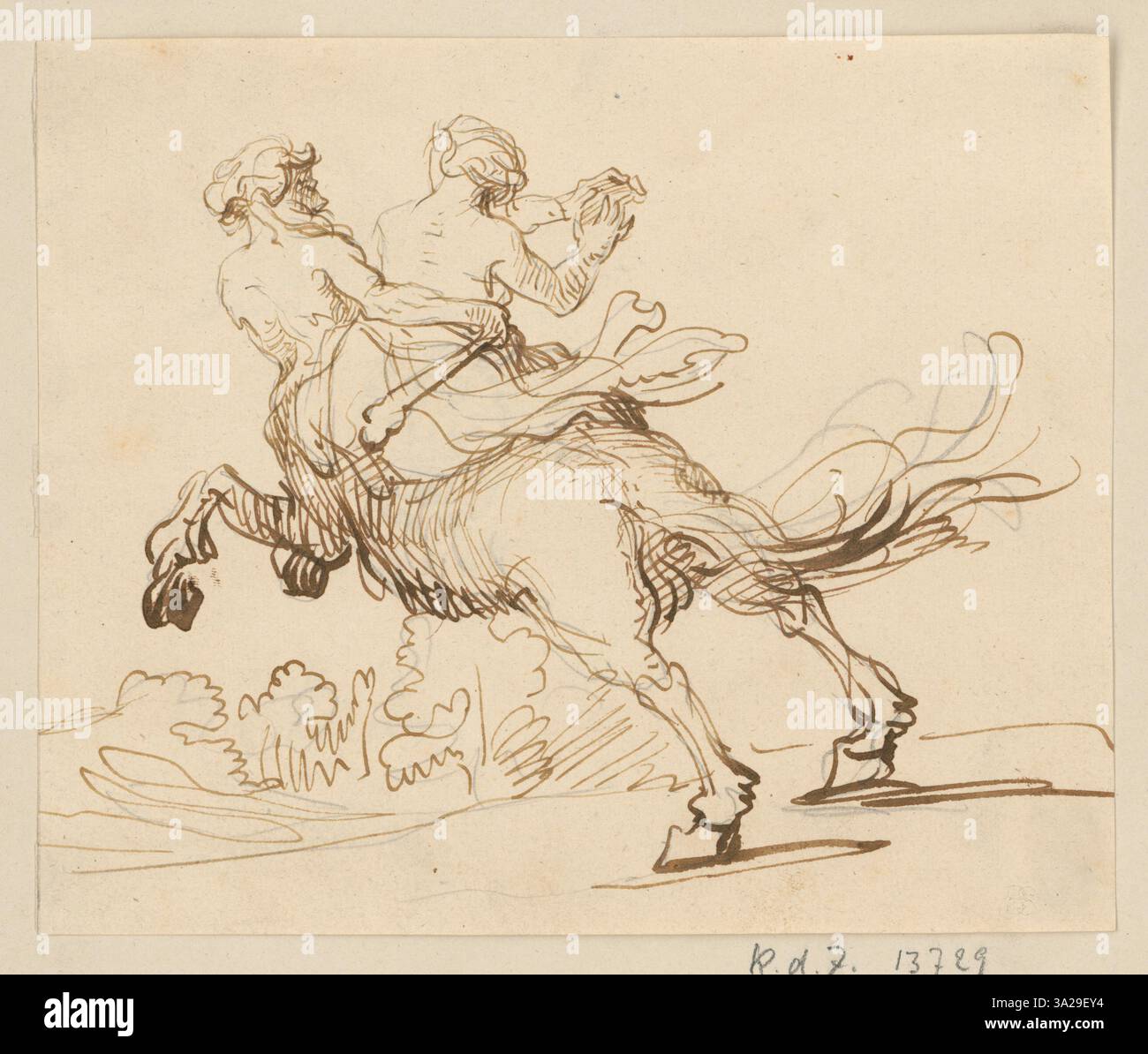 Dieses dynamische Stück von Rembrandt zeigt einen Zentauren, der links auf einem Pferd reitet und eine entführte Lapith-Frau hält. Die dramatische Handlung wird durch die kraftvolle Bewegung und die Energie der Figuren betont. Stockfoto