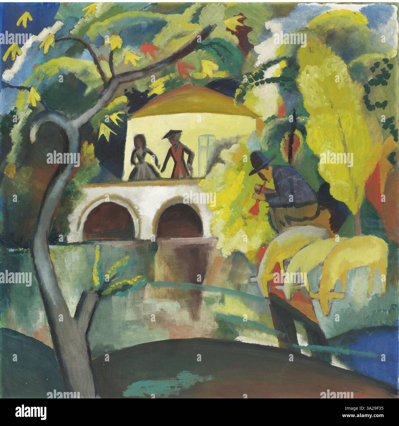 Rokoko (Rokoko) von August Macke basiert auf dem historischen Rokoko-Stil und besticht durch raffinierte Formen und dekorative Elemente. Das Gemälde betont Eleganz und komplizierte Details, was Mackes Interesse an der Kunstgeschichte widerspiegelt. Stockfoto