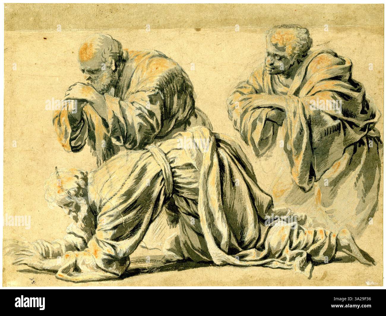 Diese Studie, die Simon Vouet zugeschrieben wurde, bereitet die „Anbetung der Könige“ vor und erfasst die Komposition und Figuren vor der endgültigen Ausführung der Szene. Stockfoto