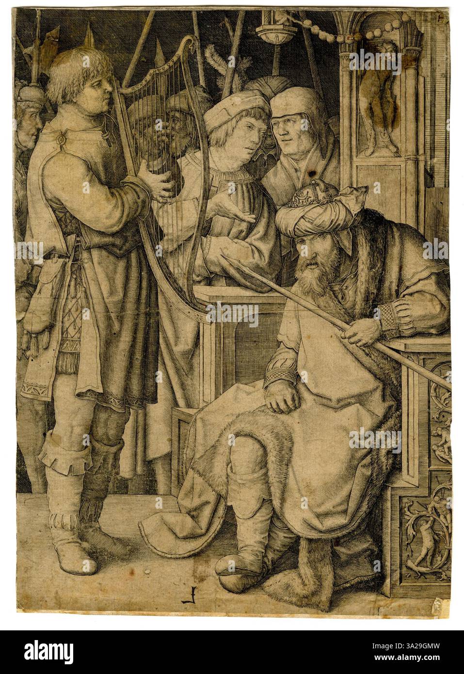 Dieser Stich von Lucas van Leyden zeigt ein religiöses oder historisches Thema, mit komplizierten Linework und Schattierungen, die emotionale Resonanz und erzählerische Klarheit verbessern. Stockfoto