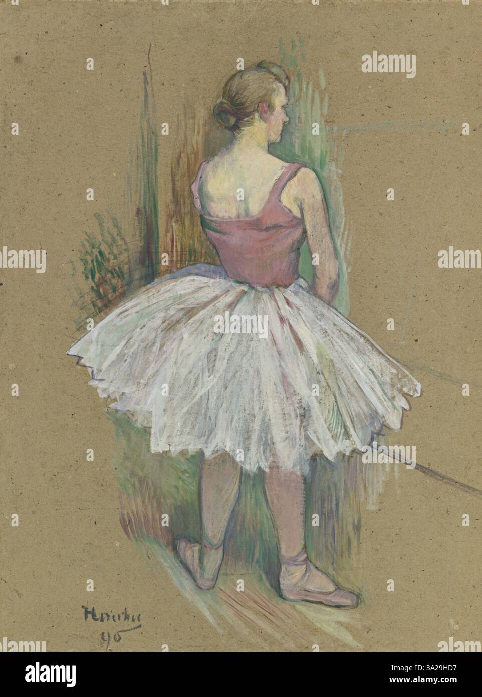 „Danseuse en pied vue de dos“ von Henri de Toulouse-Lautrec zeigt einen Tänzer von hinten. Das Gemälde fängt die Eleganz der bewegten Figur ein und betont die fließende Haltung der Tänzerin und die Bewegung ihres Körpers. Stockfoto