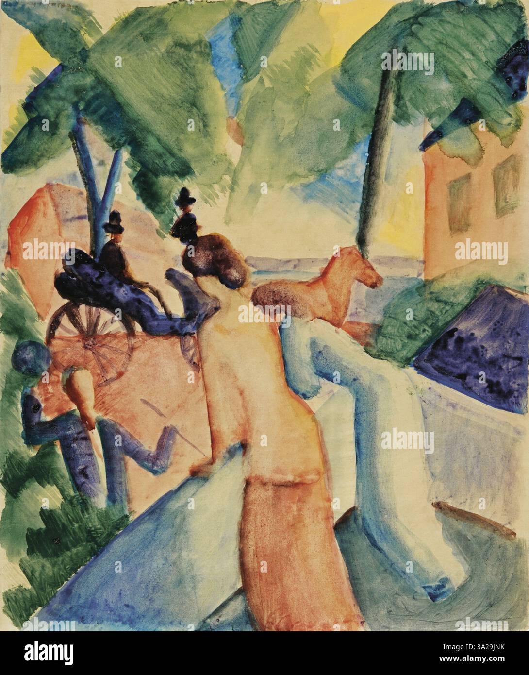 Begrüssung von August Macke zeigt zwei Figuren, die eine Begrüßung austauschen. Das Gemälde betont die Emotionen des Augenblicks durch ausdrucksstarke Farben und Formen, die für Mackes modernistischen Ansatz charakteristisch sind. Stockfoto