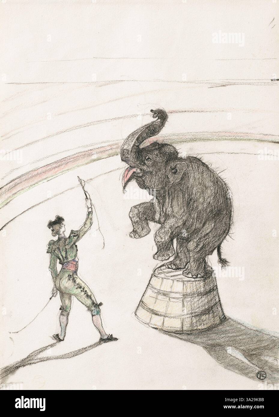 Dieses Werk zeigt eine Zirkusszene, die einen Elefanten in einem Moment der Freiheit zeigt. Toulouse-Lautrec fängt das Gefühl der Bewegung und des Dramas ein, das typisch für Zirkusaufführungen ist. Stockfoto