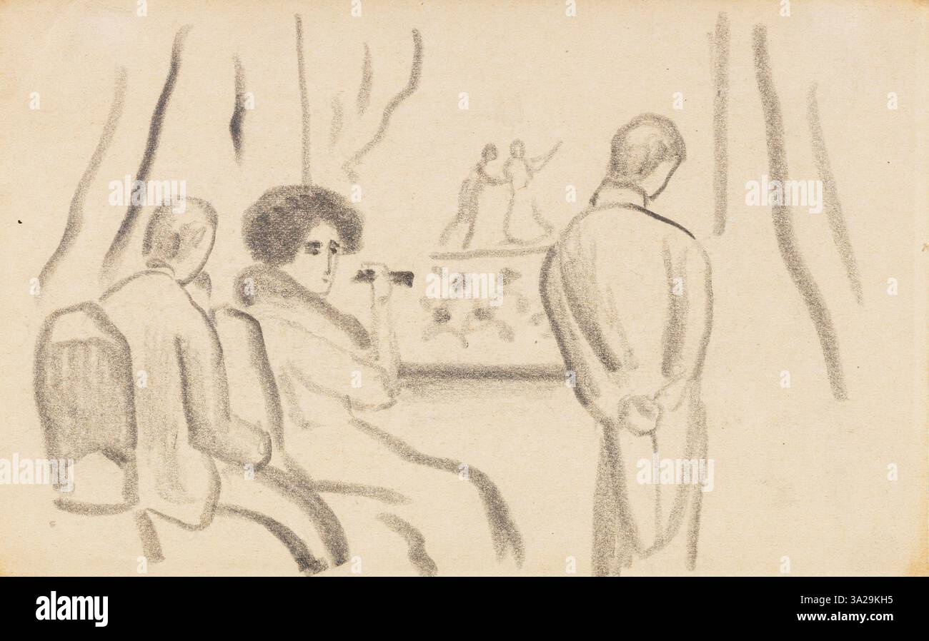 Dieses Gemälde zeigt eine Frau in einer Theaterbox, die die Performance beobachtet. Die Komposition konzentriert sich auf das ruhige Verhalten der Figur und das Ambiente des Theaters, das Mackes Verwendung ausdrucksstarker Pinselarbeiten und lebendiger Farben zum Ausdruck kommt. Stockfoto