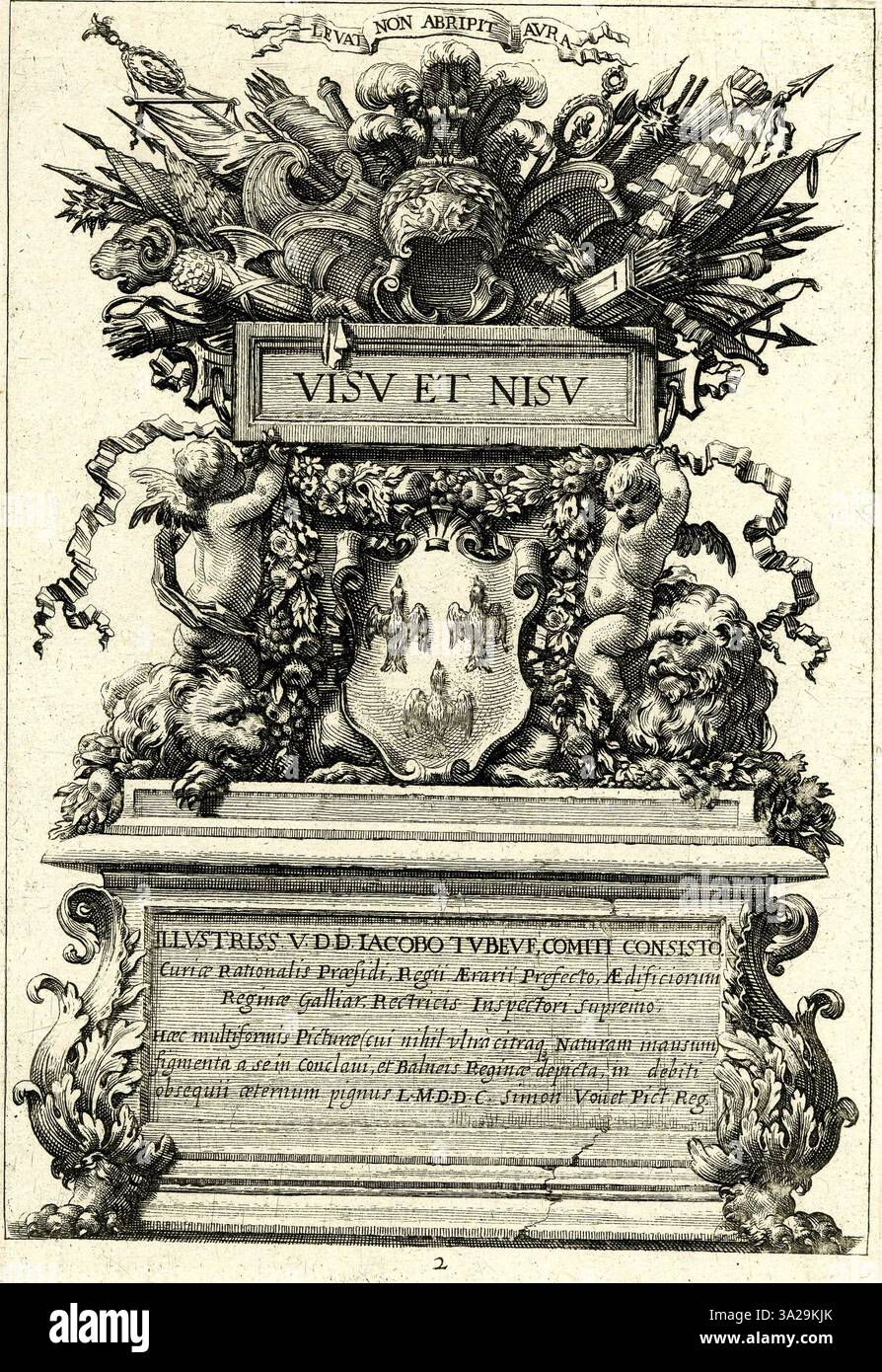 Dieses 1873 Stück aus dem „Livre de diverses Grotesques“ setzt die Tradition detaillierter grotesker Figuren fort und betont exzentrische Ornamente und klassische Einflüsse. Stockfoto