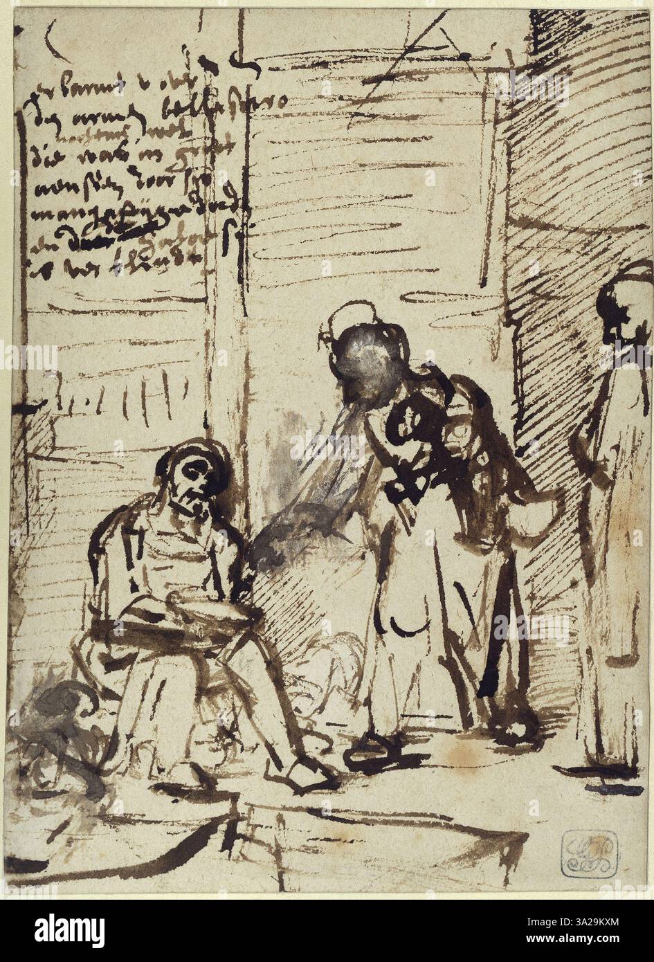 Diese Zeichnung zeigt den blinden Belisar, der Almosen empfängt und das Thema der Liebe und der Menschenwürde angesichts der Not reflektiert. Stockfoto