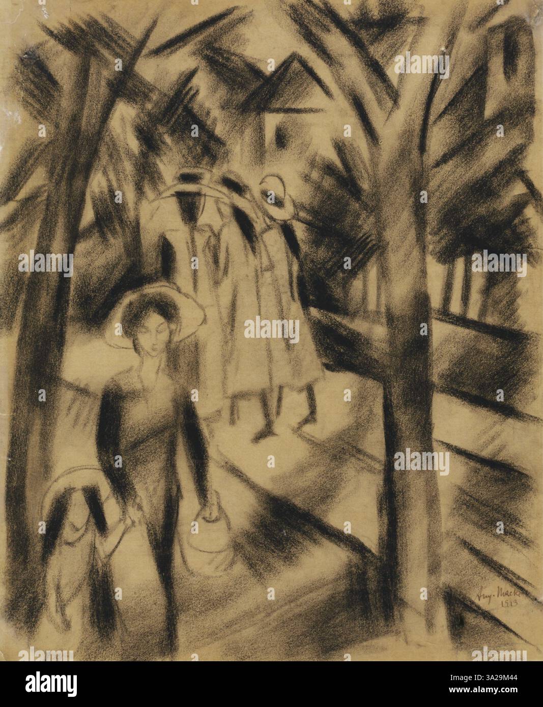 Frau mit Kind und Mädchen auf der Straße von August Macke zeigt eine Frau und Kinder, die in einer Straßenszene spazieren. Das Gemälde konzentriert sich auf die Interaktion zwischen den Figuren und dem Fluss des täglichen Lebens. Stockfoto