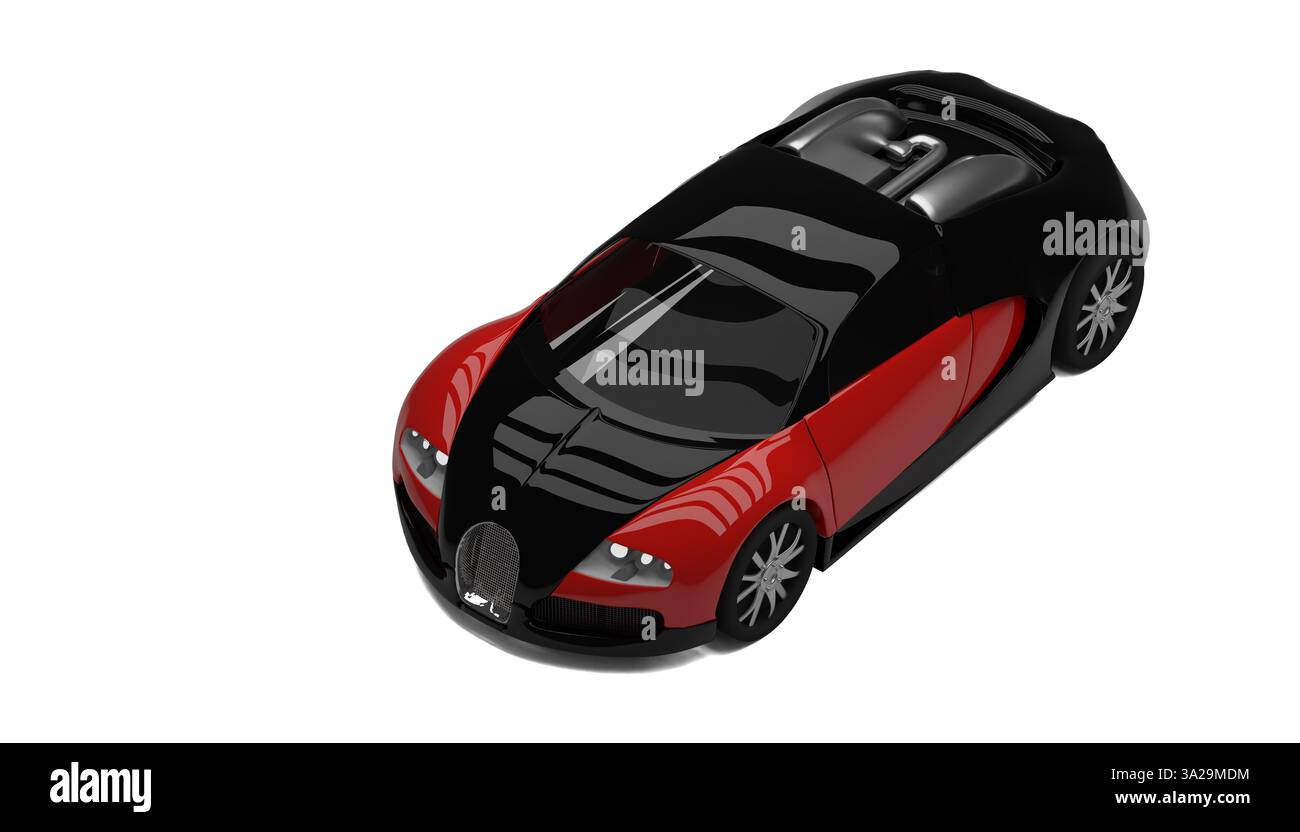 Izmir, Türkei - 12. März 2025: Schwarz-rotes Bugatti-Draufsicht-Foto auf weißem Hintergrund mit aerodynamischer Dachlinie und schlanken Proportionen Stockfoto Izmir, Türkei - 12. März 2025: Schwarz-rotes Bugatti-Draufsicht-Foto auf weißem Hintergrund mit aerodynamischer Dachlinie und schlanken Proportionen Stockfoto