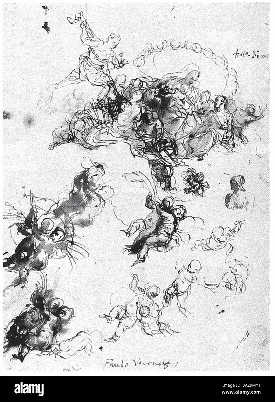 Dies ist eine Kompositionsstudie zu Veroneses „Jungfrau in Glory with Holy and Angels“. Die Studie gibt Einblicke in seine Planung für die Figuren der Jungfrau Maria, umgebende Heilige und Engel und veranschaulicht seine präzise Methode, göttliche und menschliche Elemente in einer harmonischen Szene zu arrangieren. Stockfoto