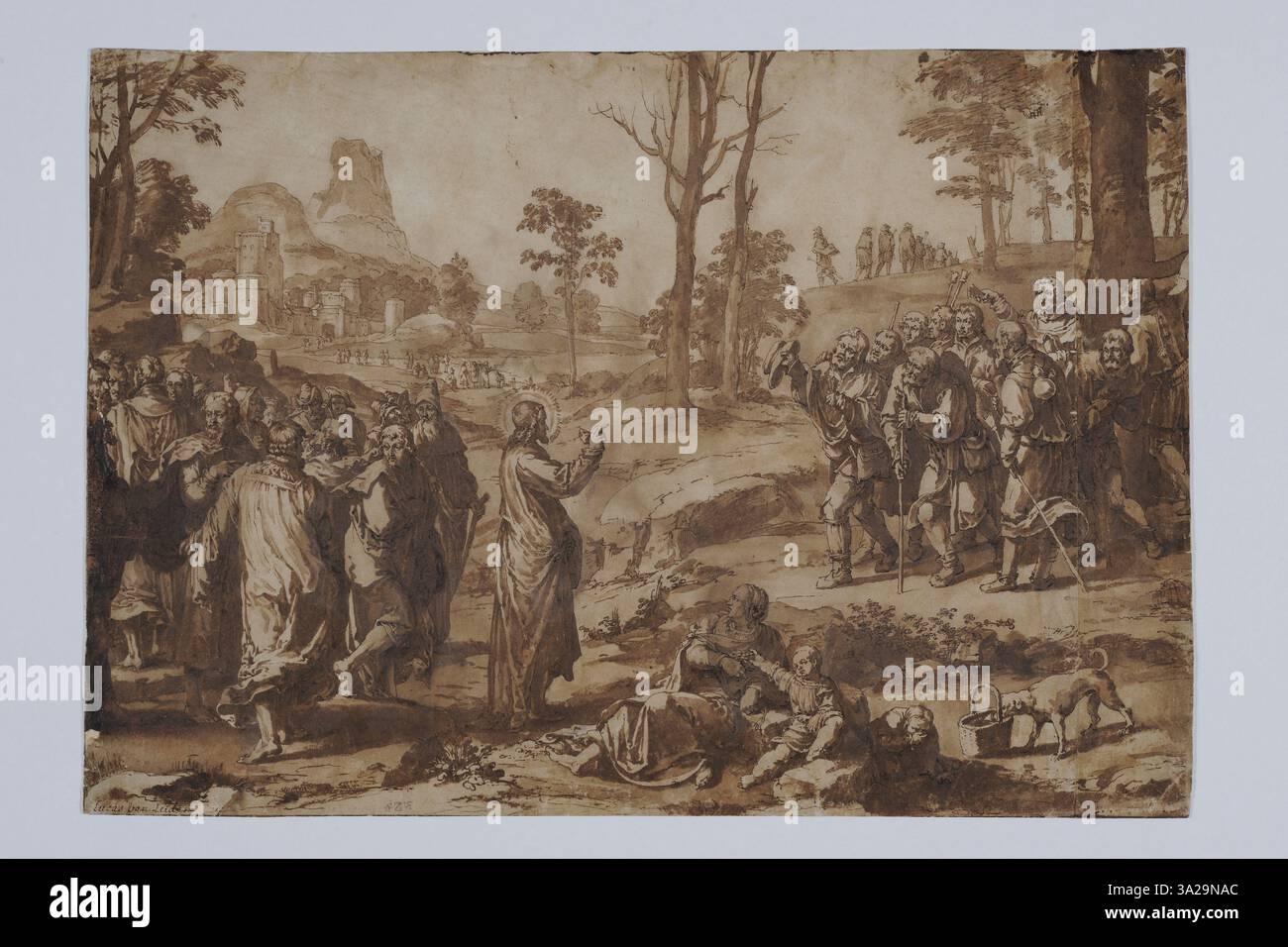 „Christ Healing the Ten Leprakranke“ von Jan de Bisschop (1660–1670) zeigt die biblische Szene von Christus, der zehn Aussätzige heilt, und betont dabei das Mitgefühl und die göttliche Kraft Christi. Stockfoto