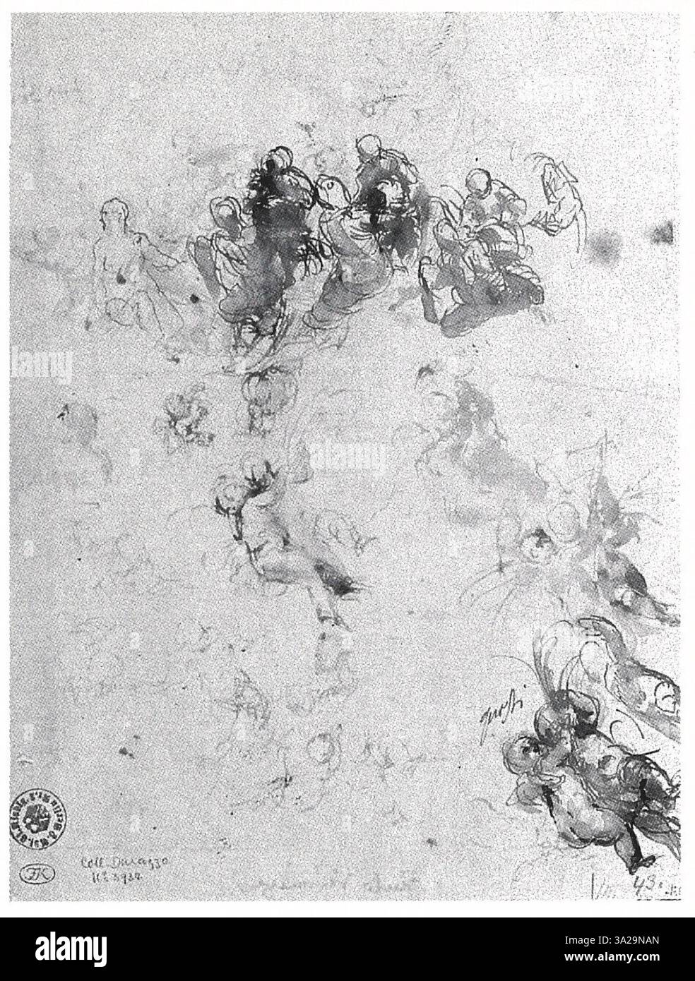 Diese Skizze von Veronese zeigt Studien von Heiligen und Putten, kleine geflügelte Figuren, die häufig in religiösen Kunstwerken zu sehen sind. Die Studie zeigt die Aufmerksamkeit des Künstlers sowohl für Engelsfiguren als auch für Heilige und erforscht ihre Positionen und expressiven Gesten für größere religiöse Szenen. Stockfoto