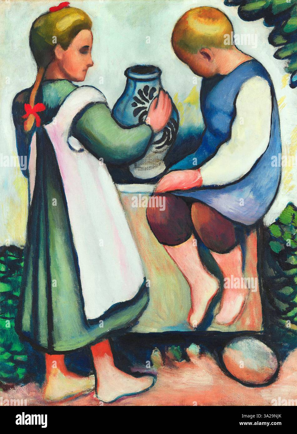 Kinder am Brunnen II von August Macke zeigt eine Gruppe von Kindern, die sich um einen Brunnen versammelt haben. Die Szene ist von einem Gefühl von Unbeschwertheit und Energie geprägt. Stockfoto