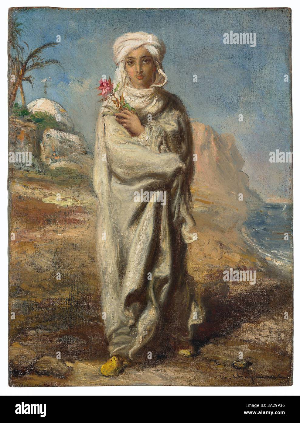 Dieses Porträt zeigt einen jungen arabischen Mann stehend, der den Ausdruck und die traditionelle Kleidung des Themas betont, mit einem Fokus auf kulturelle Identität und Ausgeglichenheit. Stockfoto