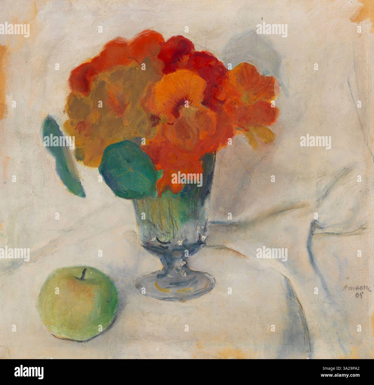 Kapuzinerkresse und Apfel von August Macke ist ein Stillleben mit lebendigen Blumen und einer Frucht. Das Stück verwendet starke Farbkontraste, um die organischen Formen der Motive zu betonen. Stockfoto