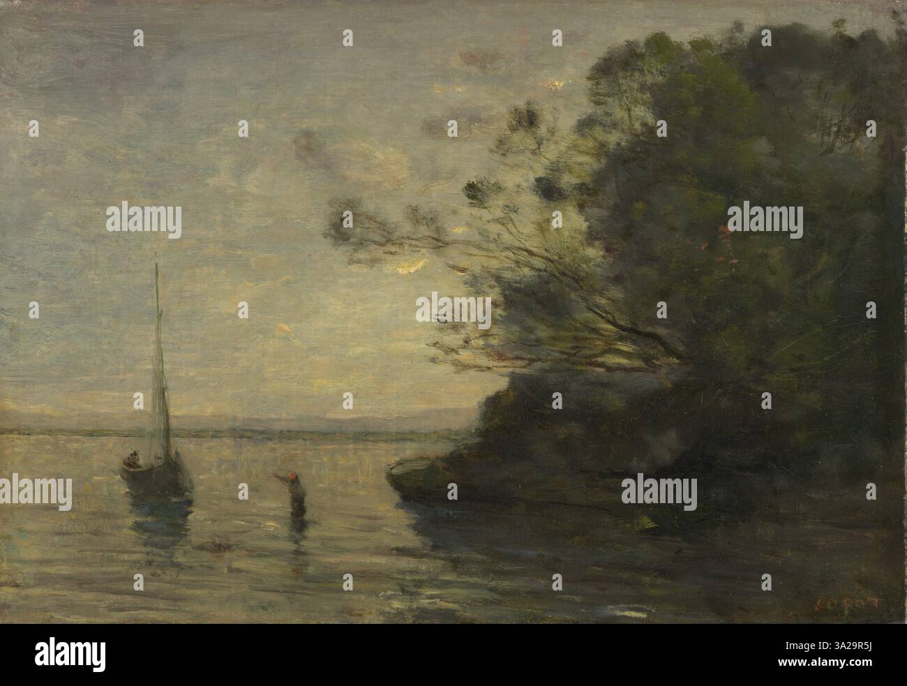 „Abend auf dem See“ zeigt einen ruhigen Blick auf den See in der Abenddämmerung. Die gedämpften Töne des Abendhimmels und des Wassers spiegeln Corots Fähigkeit wider, die Ruhe und Stille der Natur einzufangen. Stockfoto