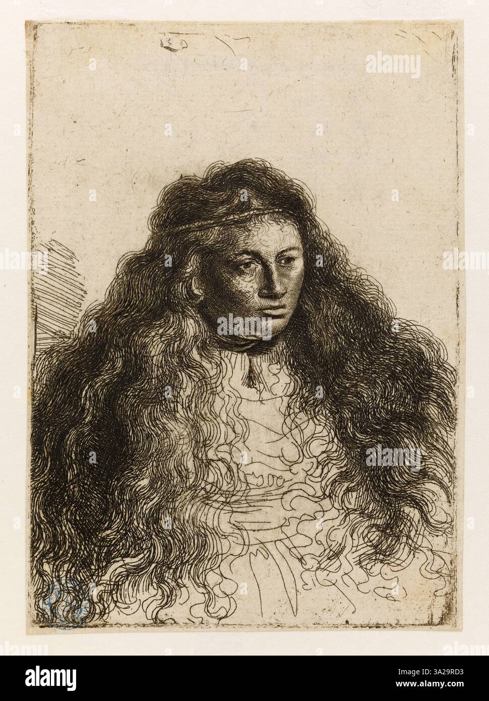 Diese Ätzung, die Rembrandts Schule zugeschrieben wird, ist eine Studie nach „La grande mariée juive“. Das Werk unterstreicht das technische Können des Künstlers mit feinen Details und komplizierten Linien, die typisch für Stiche aus dem 17. Jahrhundert sind. Stockfoto