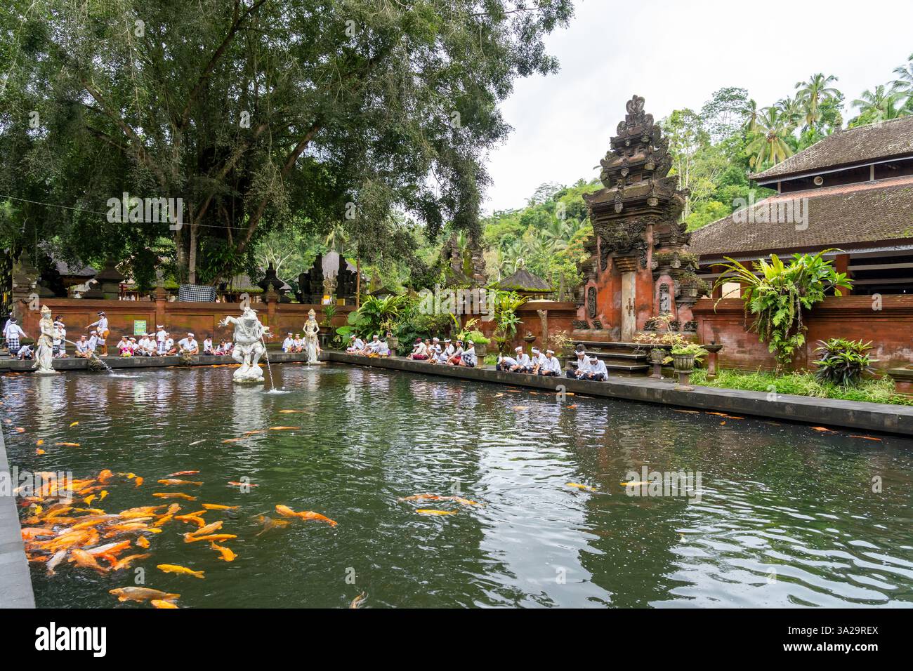 Bali, Indonesien, 12. Januar 2025: Menschen in traditioneller Kleidung ruhen nach der Melukat-Zeremonie im Pura Tirta Empul Tempel in Bali an einem Pool aus Stockfoto
