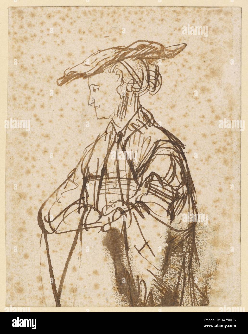 Dieses halblange Porträt, das Ferdinand Bol zugeschrieben wird, zeigt eine junge Frau, möglicherweise Saskia, die nach links zeigt. Die zarte Verwendung von Tinte und Pinsel unterstreicht ihre Eigenschaften mit Liebe zum Detail. Stockfoto