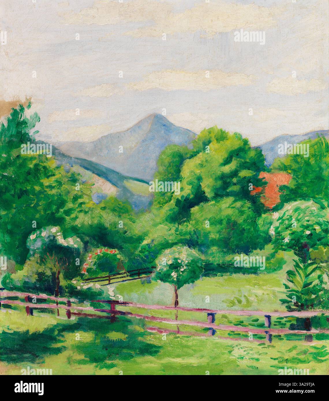 Garten in Tegernsee mit Haus und Berg von August Macke zeigt eine ruhige Gartenszene mit Haus- und Bergkulisse. Die lebendigen Farben und die ausladende Komposition betonen die natürliche Schönheit. Stockfoto