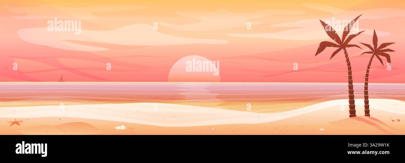 Tropischer Strand Sonnenuntergang Vektor Illustration mit Palmen und ruhigem Meer Stock Vektor