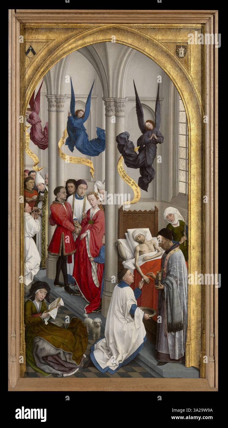 Dieses Werk von Rogier van der Weyden zeigt drei religiöse Sakramente: Ehe, extreme Salbung und Ordination, gemalt mit seinem charakteristischen Realismus und Liebe zum Detail. Stockfoto