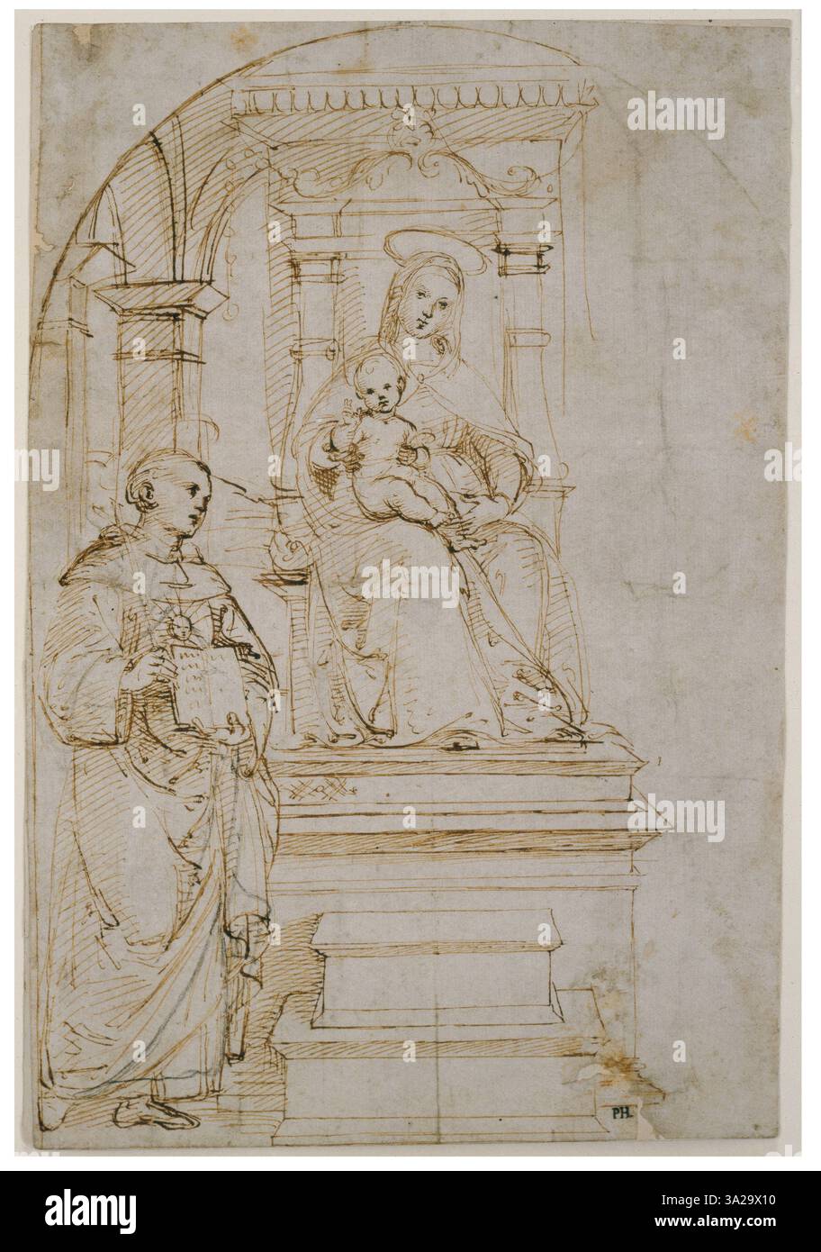 Dieses Stück aus Raffael zeigt die thronende Madonna mit dem Christkind und dem heiligen und unterstreicht die heilige Natur der Figuren und die Harmonie der Komposition. Stockfoto