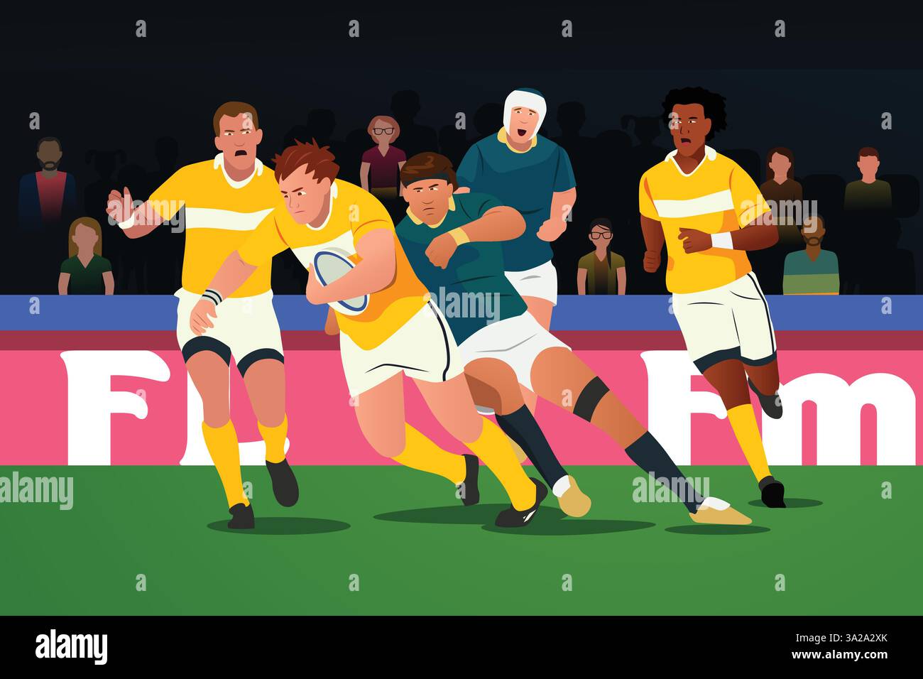 Eine Vektor-Illustration von Rugbyspielern, die in einem Spiel spielen Stock Vektor