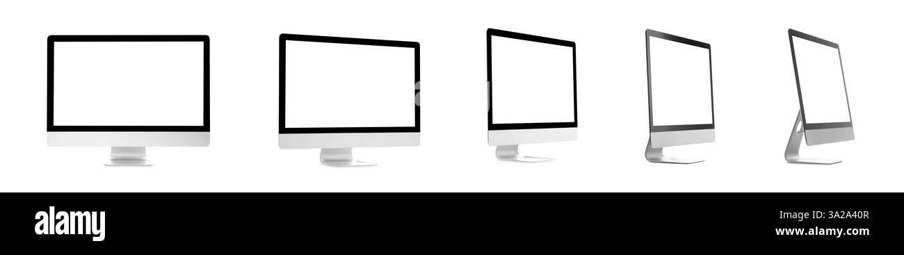 Computermonitor mit leeren Bildschirmen isoliert auf weiß, Collage Stockfoto