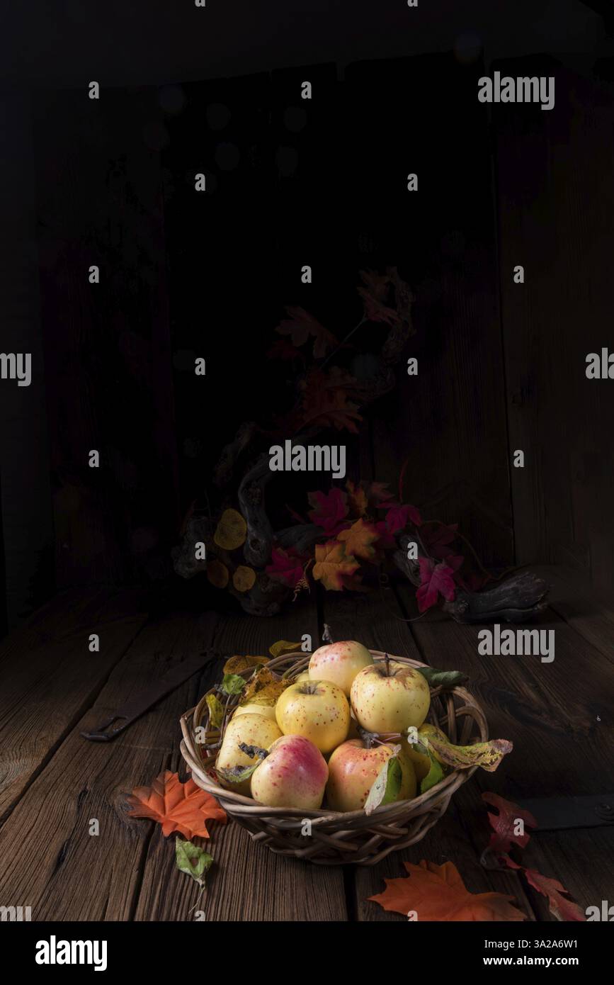 Frische und köstliche Bio-Äpfel in einem Korb Stockfoto