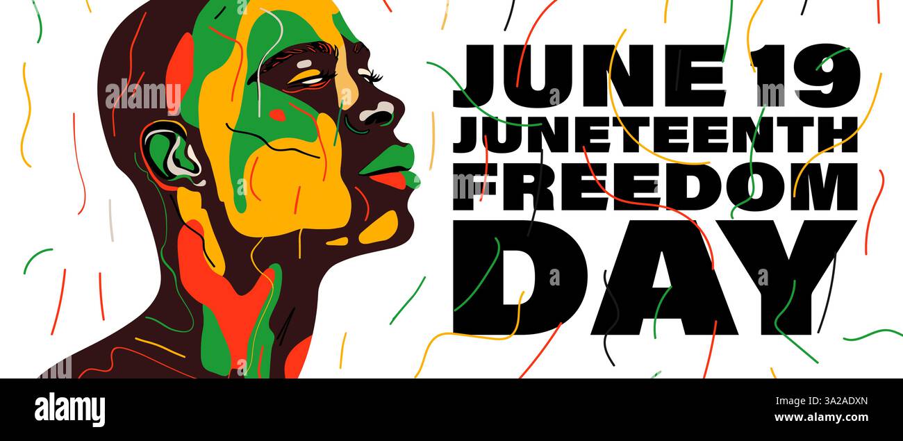 Jugendliches Festbanner mit stolzem Schwarzen Mann und erhobener Faust. Mächtiges Flyer-Freiheitssymbol, Einheit und kulturelle Identität. Historische Hommage an Emanzipation, Gleichheit und afroamerikanisches Erbe Stock Vektor