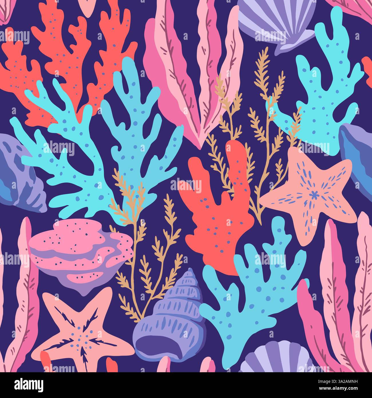 Nahtloses Muster mit farbenfrohen Meereselementen, Korallen, Algen, Muscheln und Meeressternen. Vektorabbildung. Stock Vektor