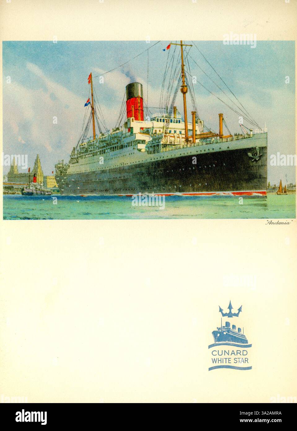 Das Kunstwerk auf der Vorderseite eines Menüs des transatlantischen Passagierschiffs Andania. Das 14.000-Tonnen-Schiff wurde zu Beginn des Zweiten Weltkriegs von der Marine beschlagnahmt, aber in der Nacht vom 15. Auf den 110 km südlich von Reykjavík gelegenen 15. Juni 1940 wurde die Island HMS Andania von einem Torpedo getroffen, der vom deutschen U-Boot UA abgefeuert wurde. Sie sank am folgenden Morgen, aber die Besatzung wurde von dem isländischen Fischereischiff Skallagrimur gerettet Stockfoto